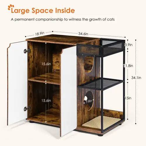 Rustic cat litter furniture cabinet with large interior space and open mesh shelves for cat activities