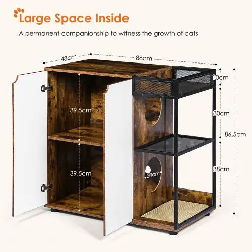 Rustic cat litter furniture cabinet with spacious interior and metal frame in brown and white finish