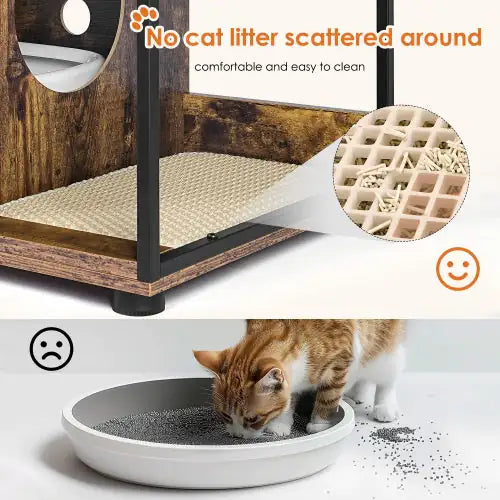 Close-up of rustic cat litter furniture cabinet with litter grid preventing scatter compared to regular litter tray