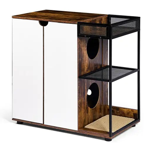 Rustic cat litter furniture cabinet with white doors and dark wood finish featuring side mesh shelves and scratching area