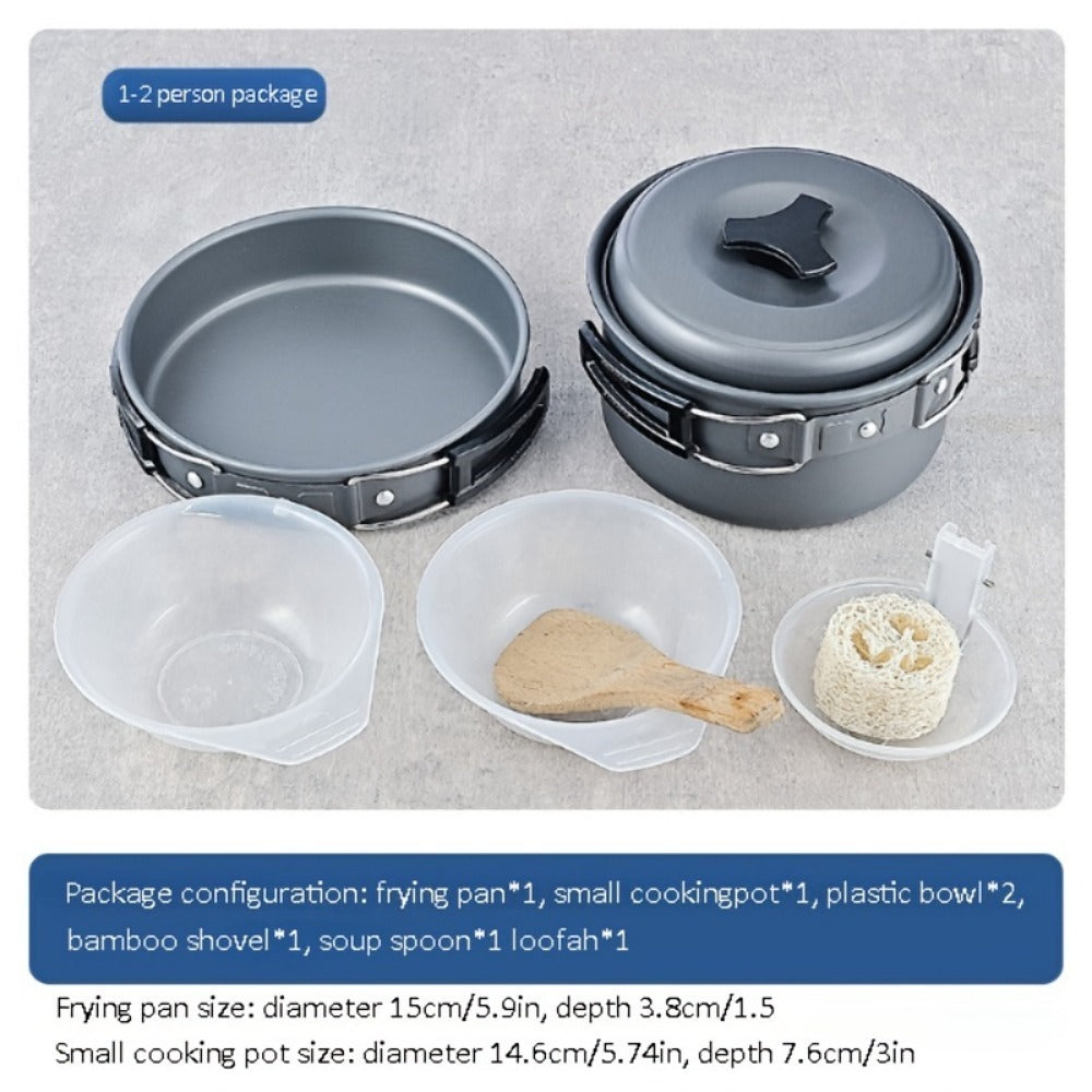 Shopi Vella RV camping pot set with frying pan, small cooking pot, two plastic bowls, soup spoon, and loofah for 1 to 2 persons