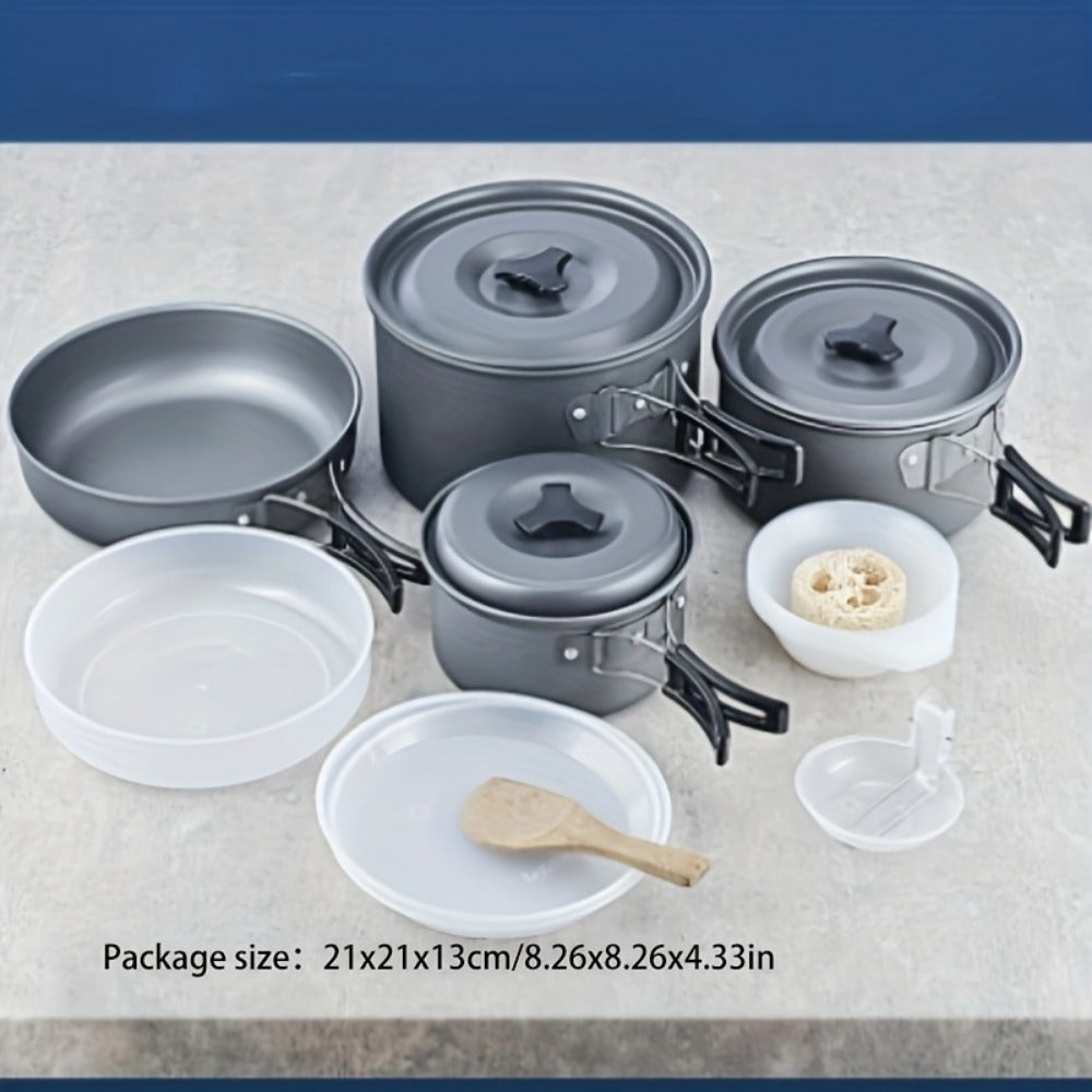 Shopi Vella RV camping pot set with multiple pots, lids, and cooking utensils for outdoor cooking