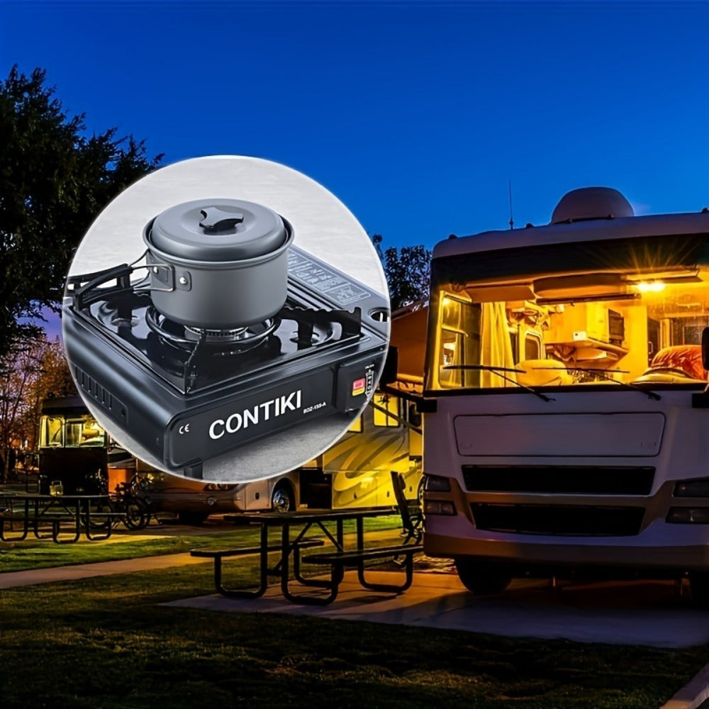 Shopi Vella RV camping pot set with compact stove cooking outdoors by RV at night