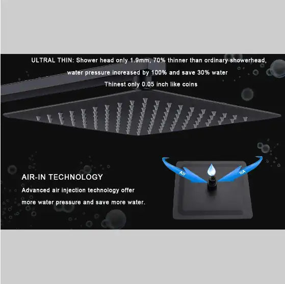 Matte black rainfall shower system ultra thin shower head with advanced air-in technology for increased water pressure
