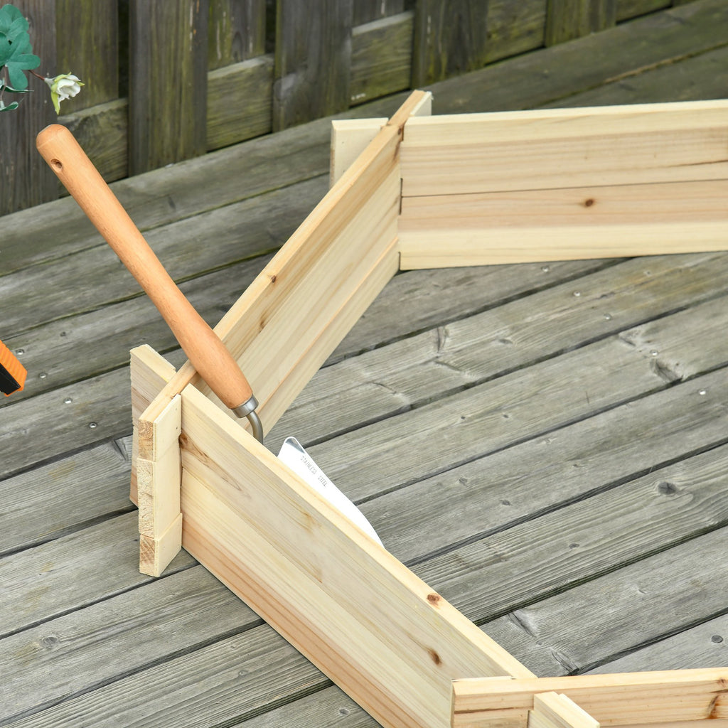 Shopi Vella screwless raised garden bed wooden frame assembled on deck with gardening tool