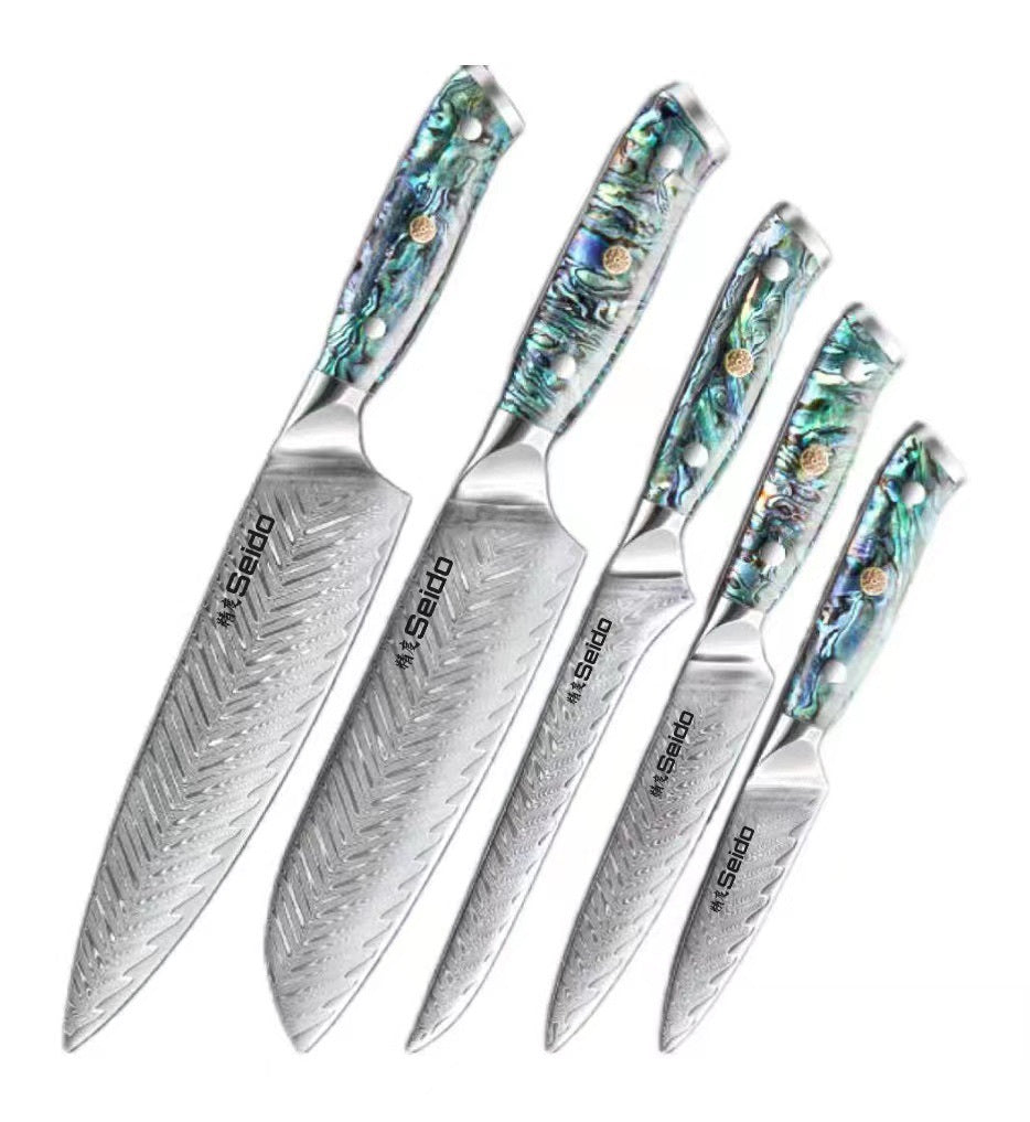 Shopi Vella Japanese style santoku knife set with patterned blue green handles and textured blades