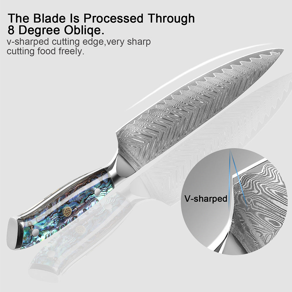 Japanese style santoku knife with v-shaped cutting edge and detailed Damascus steel blade by Shopi Vella