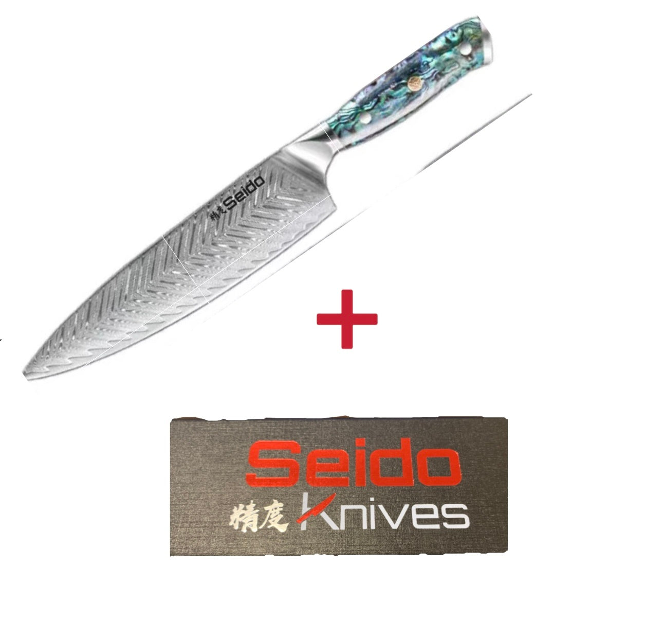 Japanese style santoku knife with patterned blade and iridescent handle by Shopi Vella