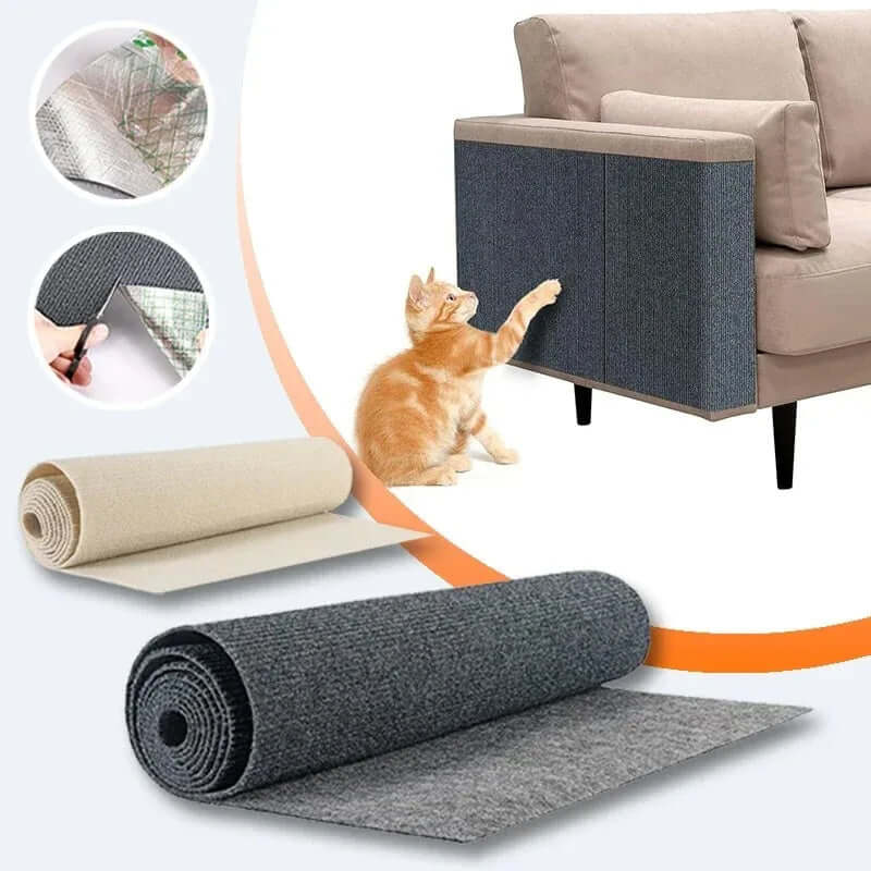 Shopi Vella self-adhesive cat scratch board in gray and beige protecting sofa from cat claws