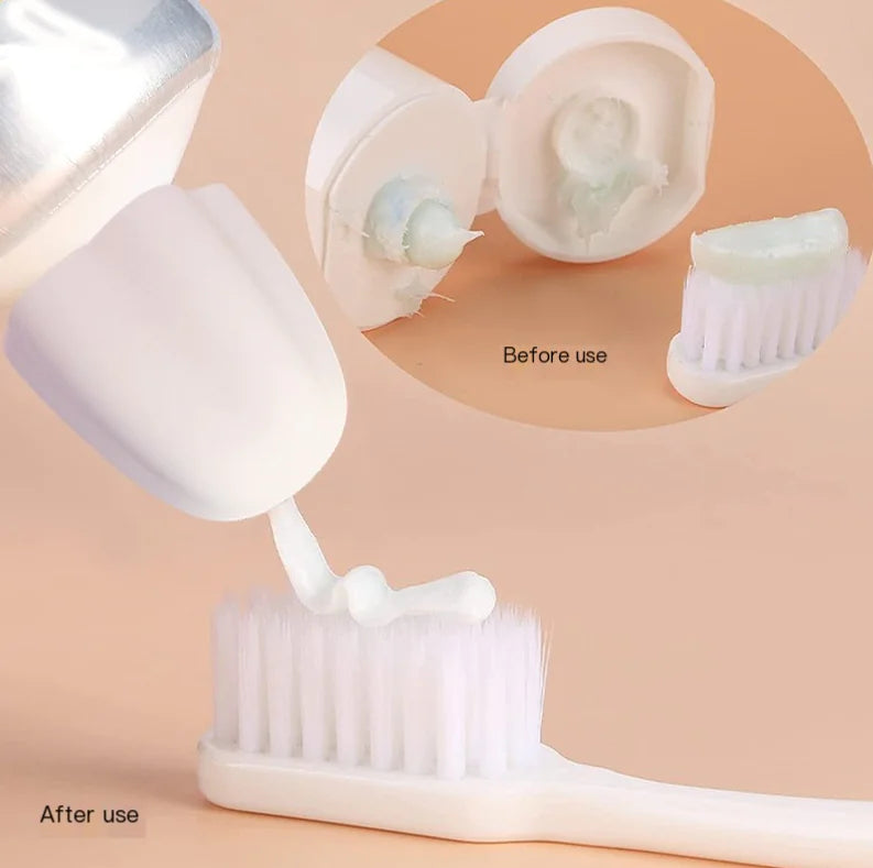 White toothpaste tube applying paste on toothbrush featuring a self-sealing toothpaste cap before and after use
