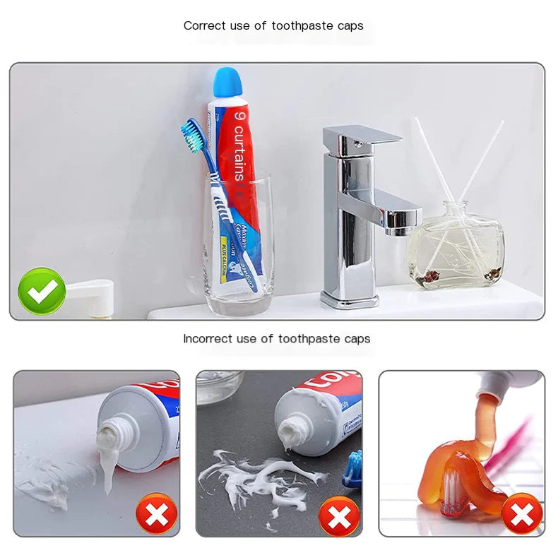 Demonstration of correct and incorrect use of toothpaste with self-sealing toothpaste cap on bathroom sink