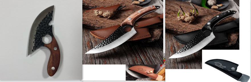 Shopi Vella stainless steel chef knife with wooden handle and leather sheath for kitchen storage