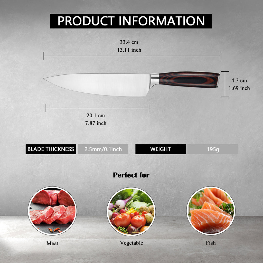 Sharp chef knife with sheath showing blade length 13.11 inch and wooden handle for meat vegetable and fish preparation