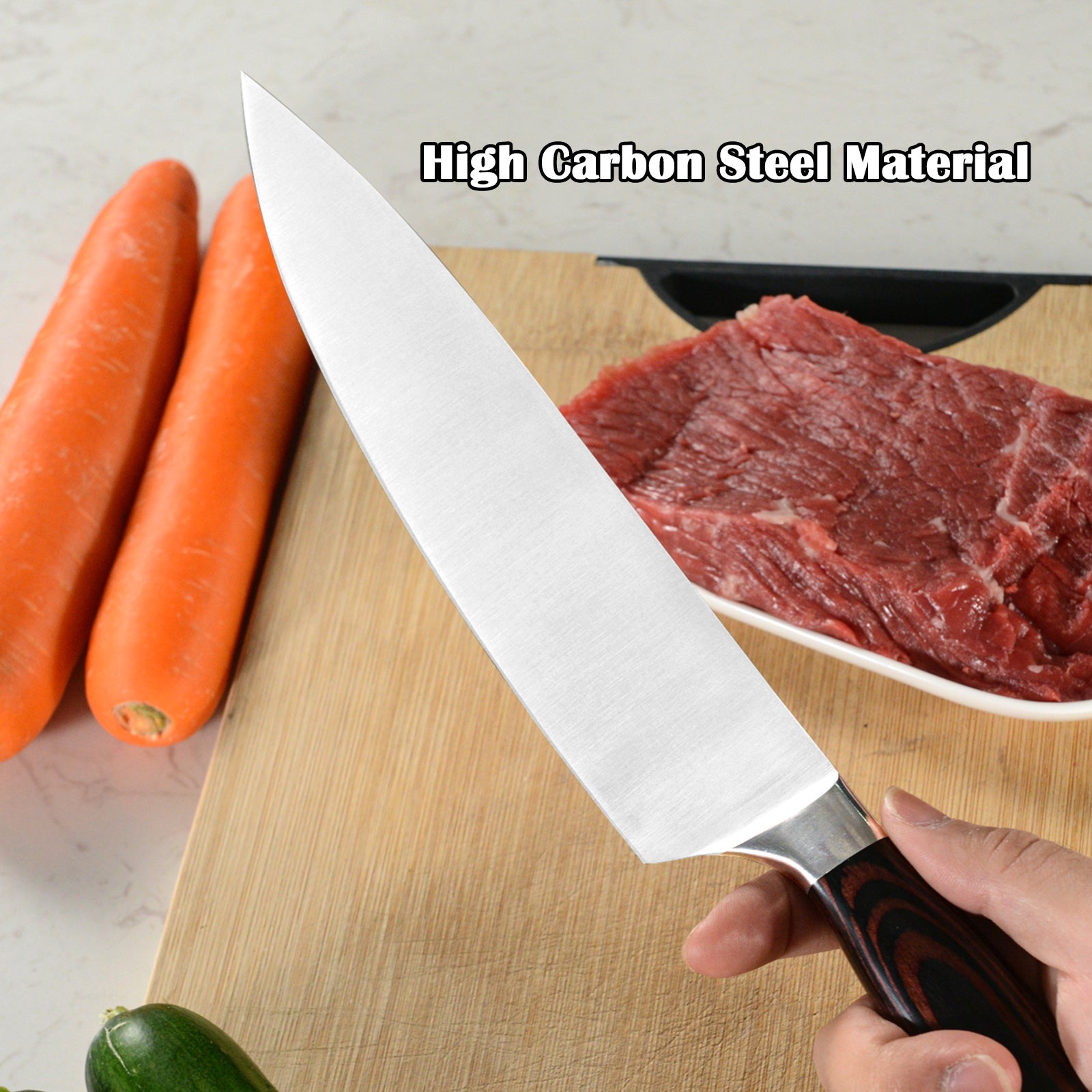Sharp chef knife with sheath featuring high carbon steel blade held over cutting board with vegetables and meat
