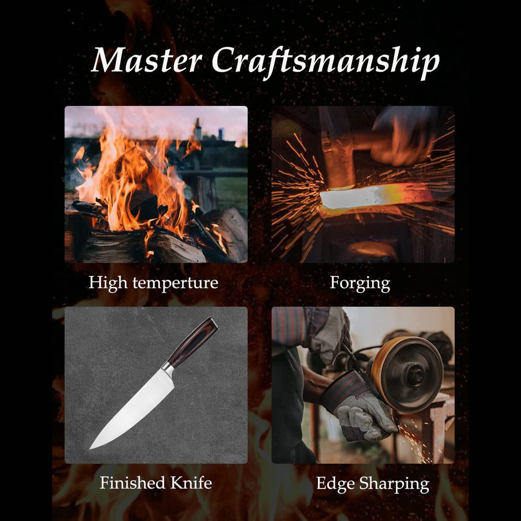 Sharp chef knife with sheath showing high temperature forging edge sharpening and finished blade