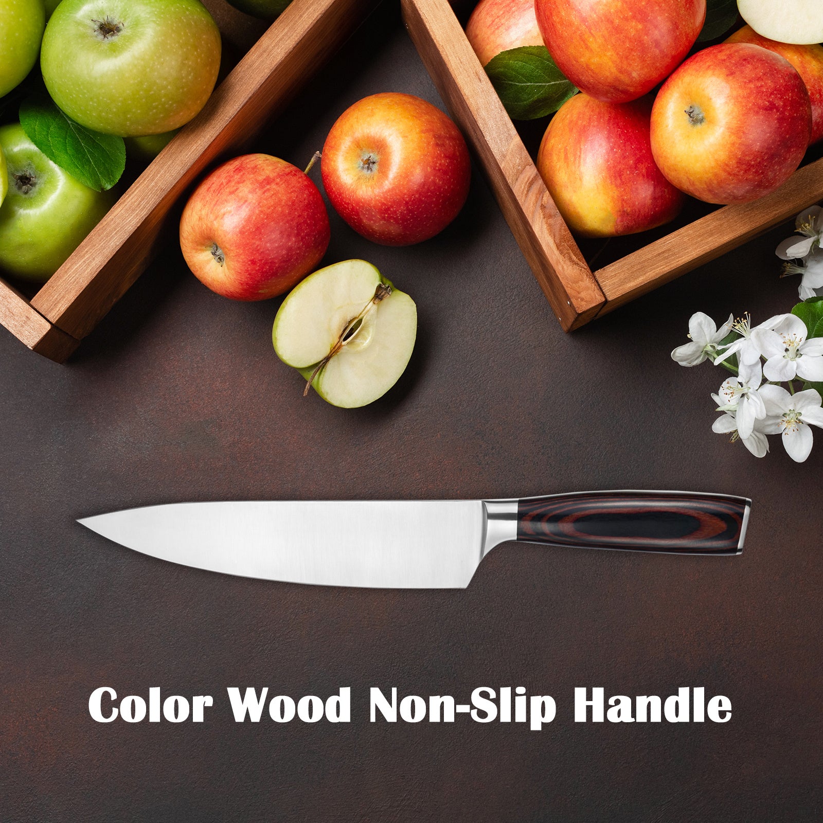 Sharp chef knife with sheath featuring a color wood non-slip handle next to fresh apples