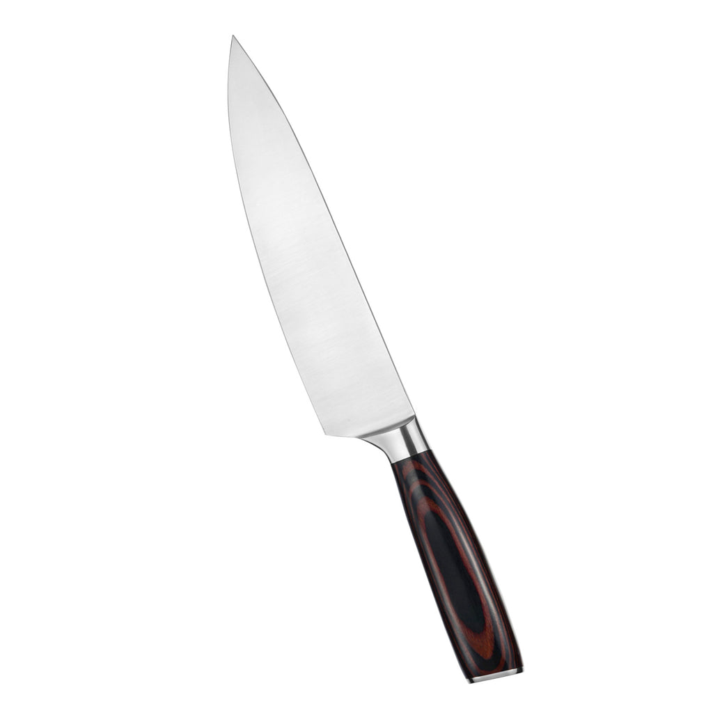 Shopi Vella sharp chef knife with sheath featuring a stainless steel blade and ergonomic dark wood handle