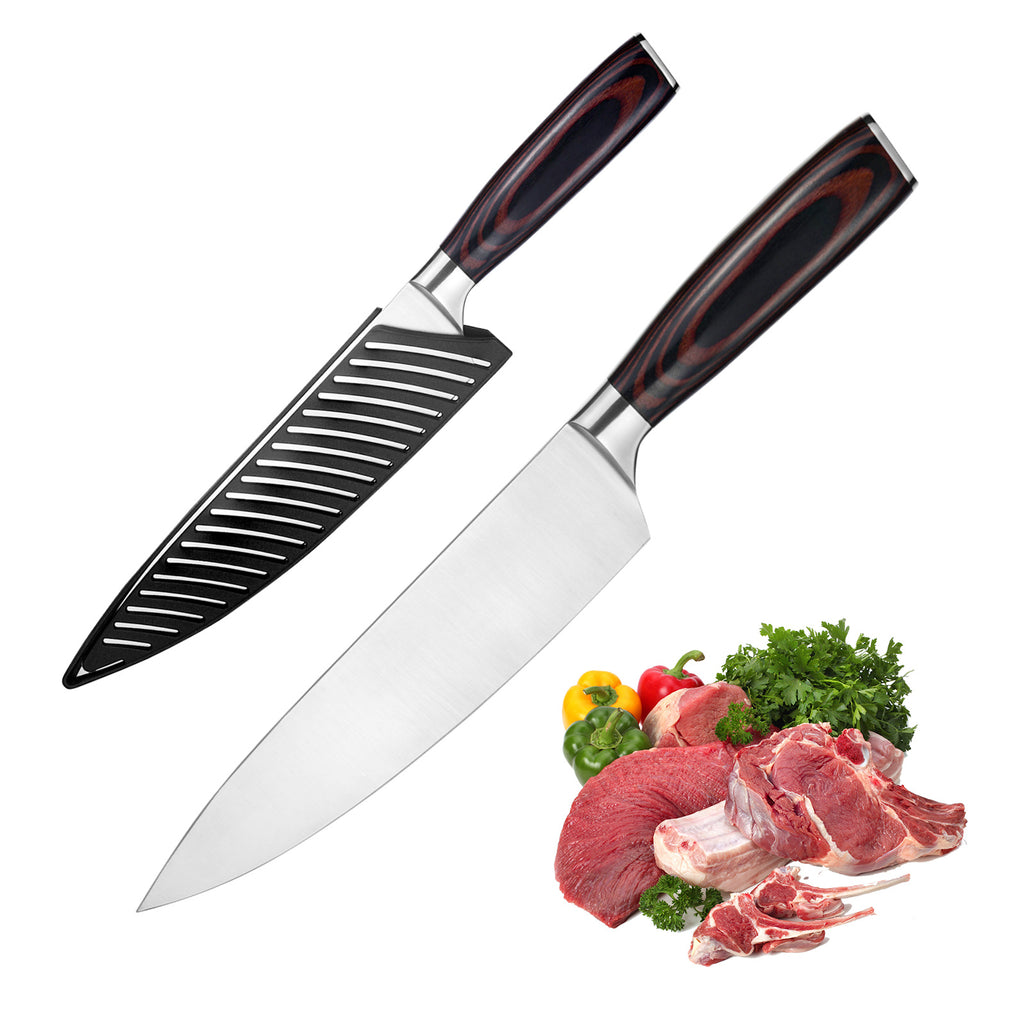 Sharp chef knife with sheath featuring wooden handle and stainless steel blade alongside fresh meat and vegetables