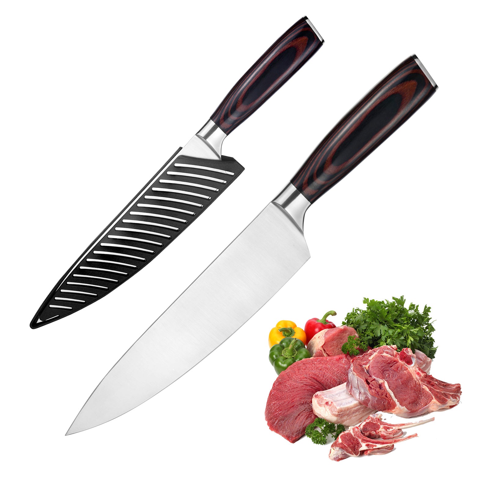 Sharp chef knife with sheath featuring wooden handle and stainless steel blade alongside fresh meat and vegetables