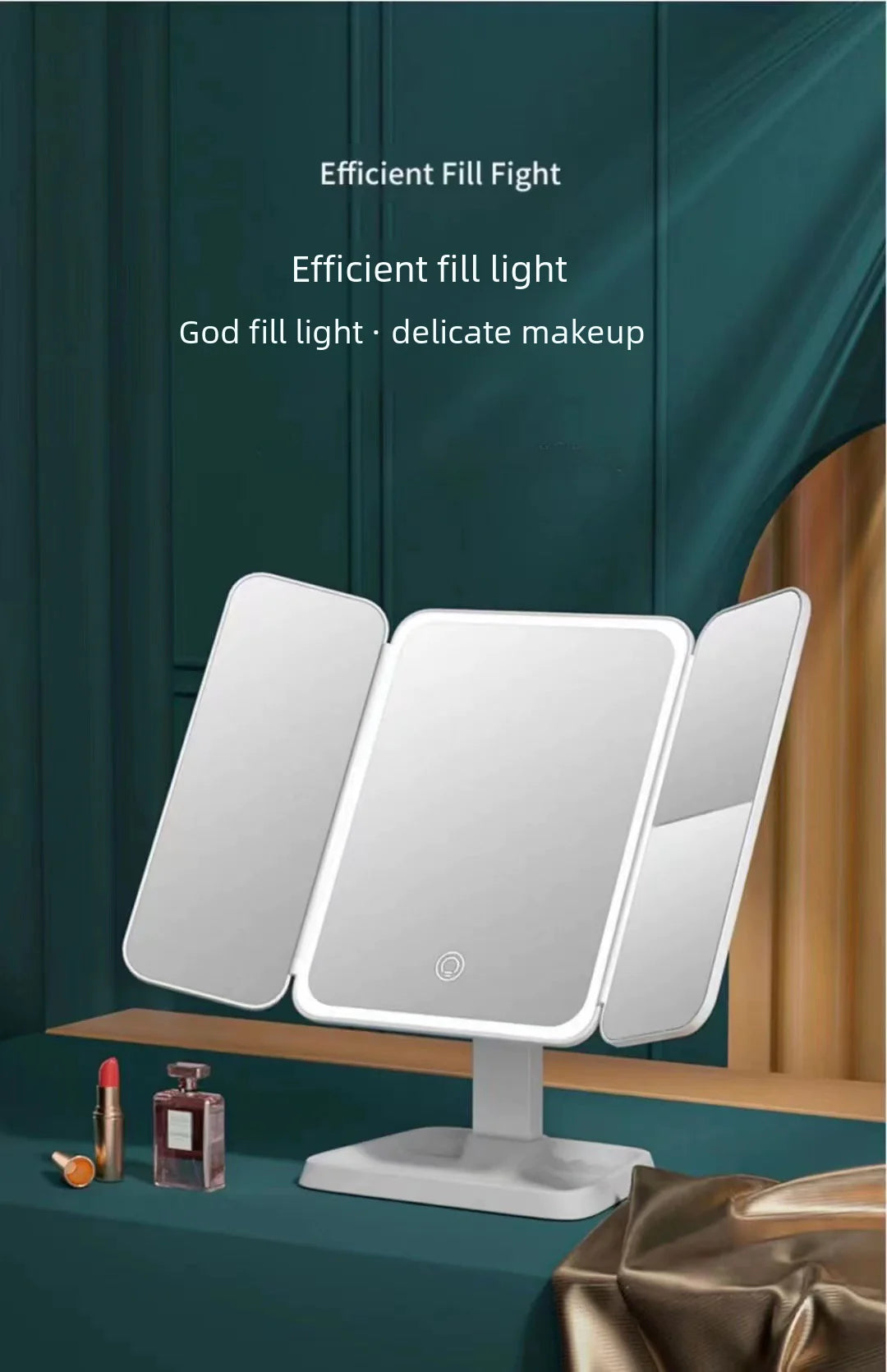 Shell design makeup mirror with lights featuring three adjustable panels and touch control stand