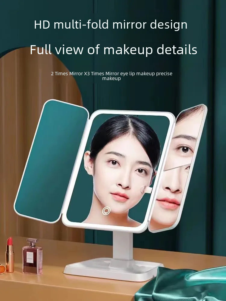 Shell design makeup mirror with lights featuring HD multi-fold mirrors for precise makeup application