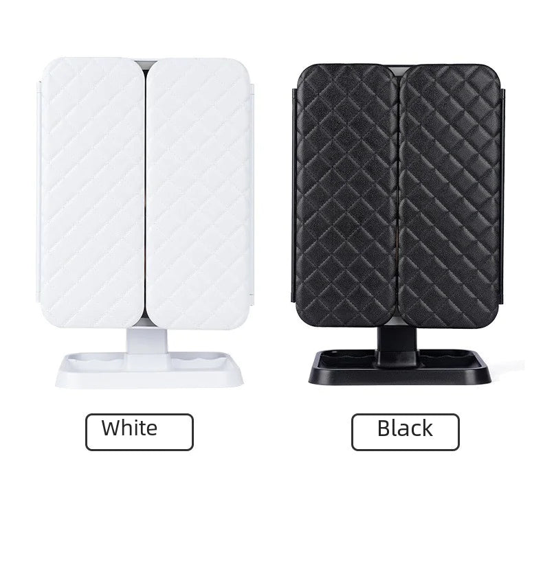 White and black shell design makeup mirror with lights and storage tray on stand