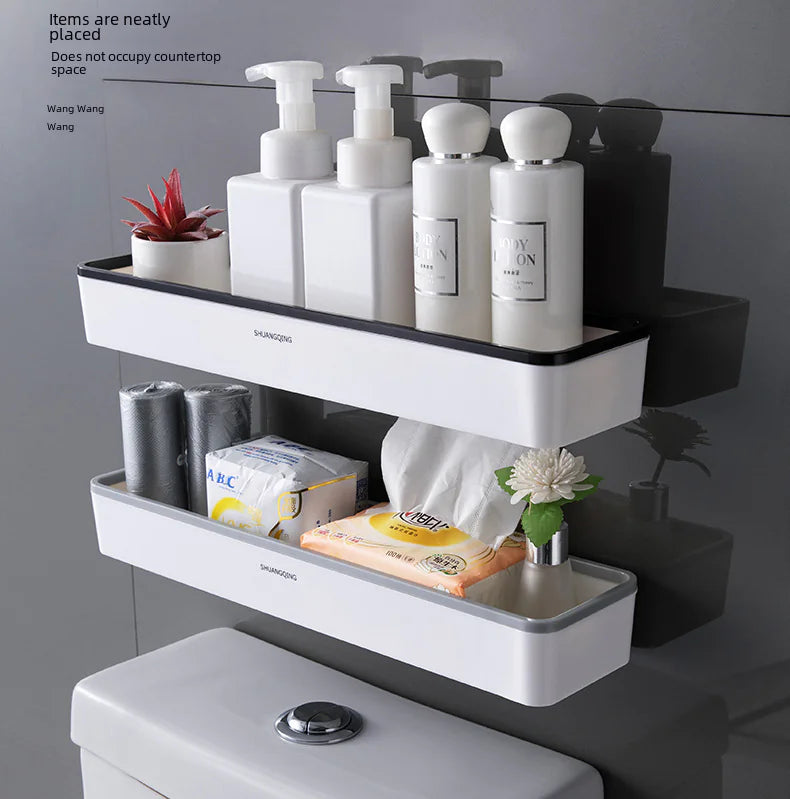 Wall mounted bathroom organizer with two shelves holding bottles, tissue box, and a small plant