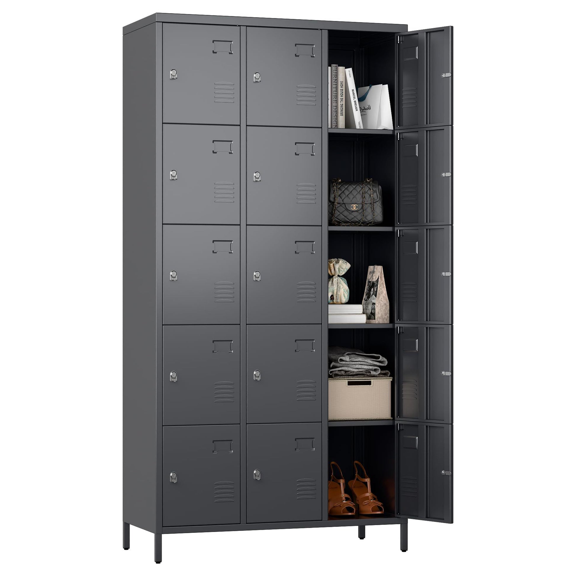 Shopi Vella grey metal employee lockers for office with multiple compartments storing bags shoes and books