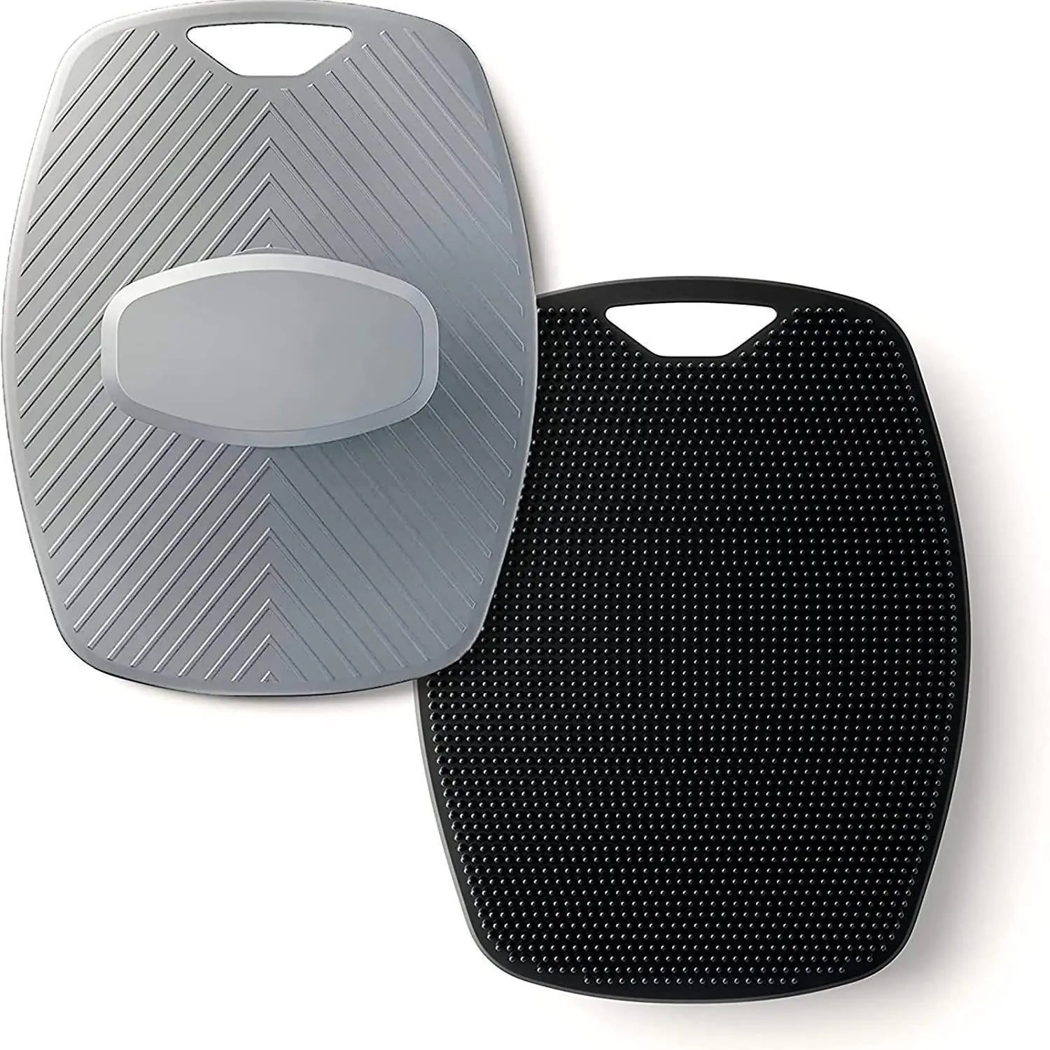 Black and gray silicone bath brush with hook featuring textured and smooth sides for versatile cleaning