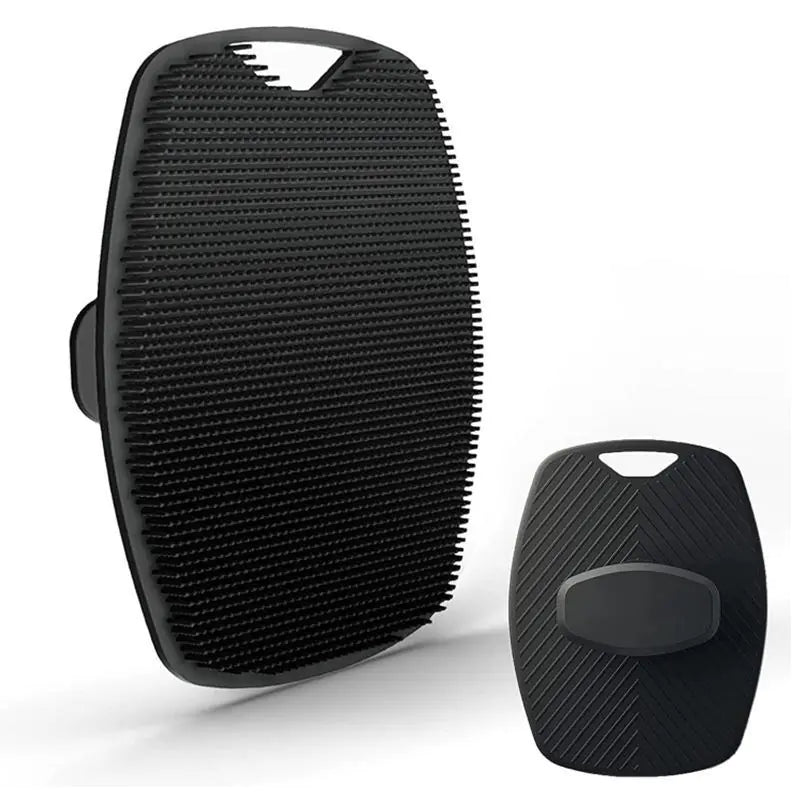 Black silicone bath brush with hook featuring soft bristles and a comfortable hand strap