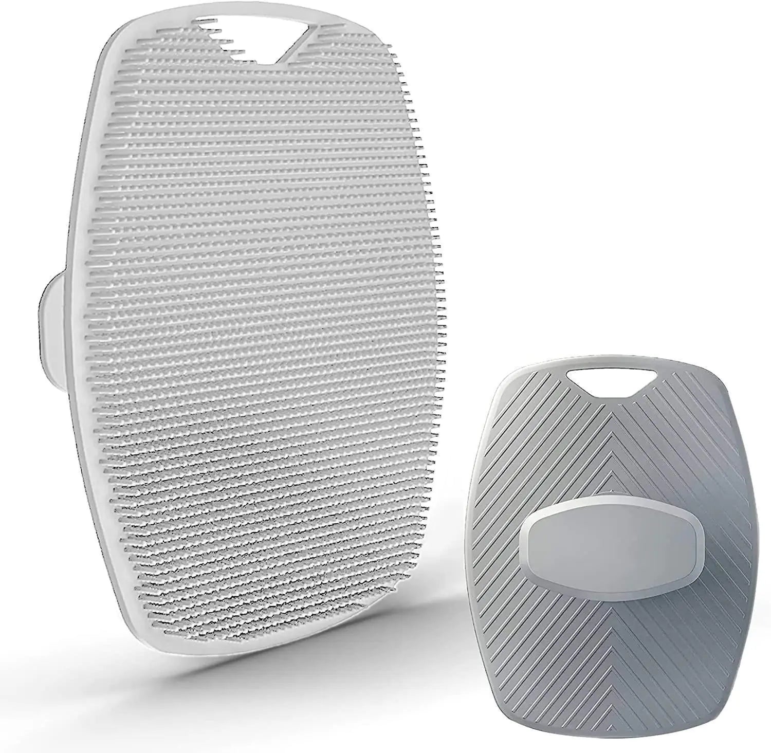 Gray silicone bath brush with hook featuring soft bristles and ergonomic handle for easy grip