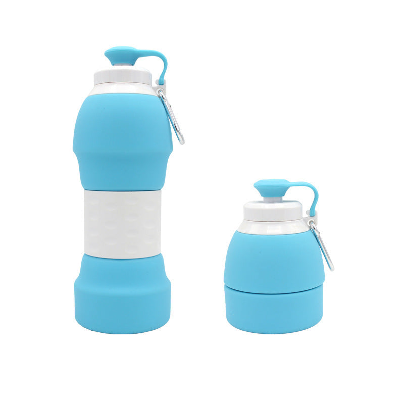 Shopi Vella blue silicone folding water bottle shown expanded and collapsed for easy portability