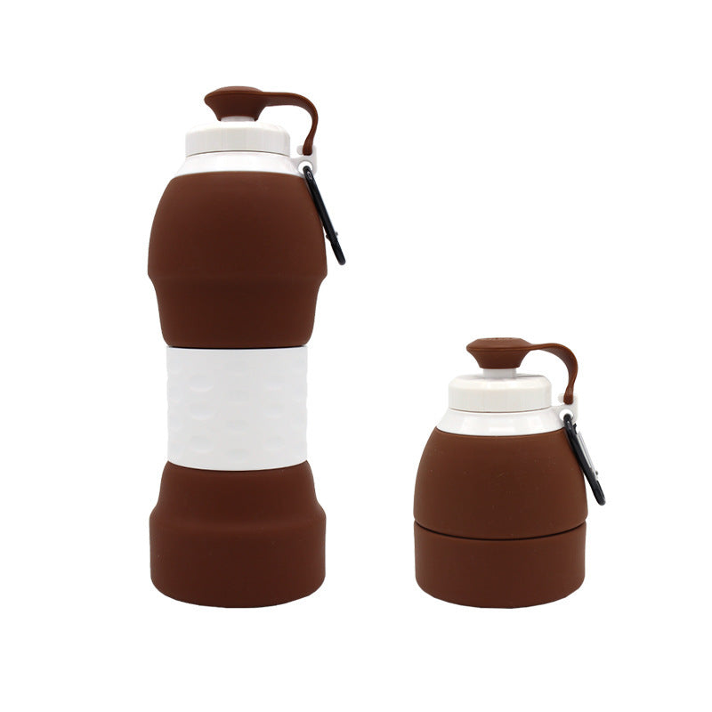 Shopi Vella silicone folding water bottle in brown and white, shown expanded and collapsed