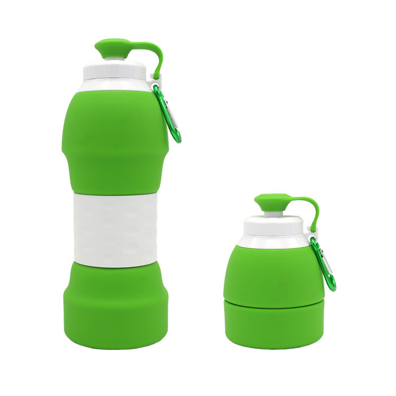 Shopi Vella green silicone folding water bottle shown expanded and collapsed for easy portability