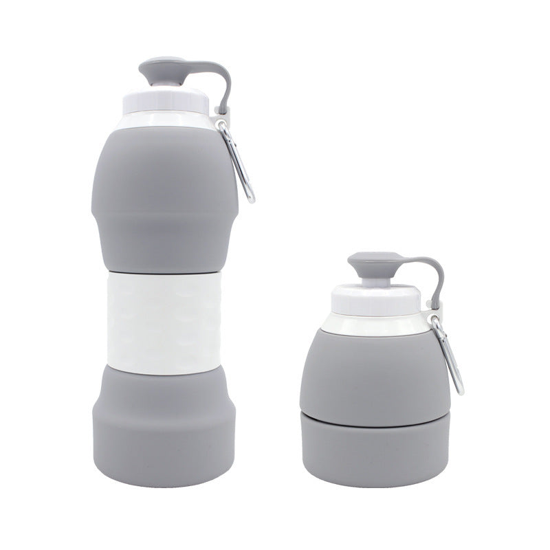 Shopi Vella gray silicone folding water bottle shown fully expanded and collapsed for easy portability