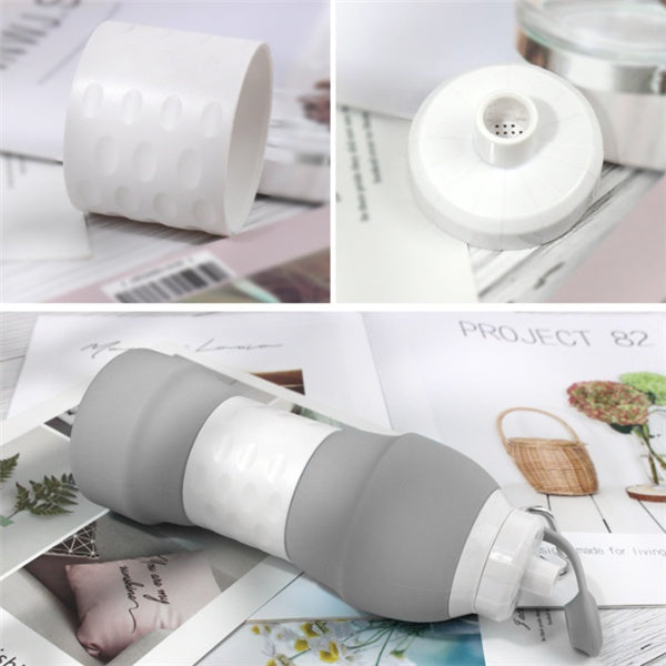 Shopi Vella silicone folding water bottle in gray and white with collapsible design for easy storage