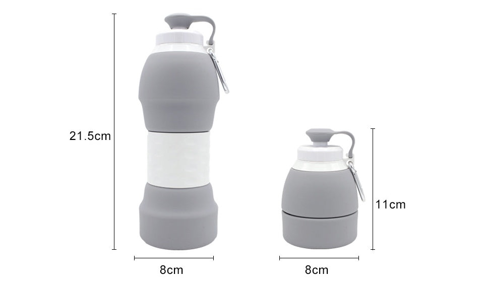 Shopi Vella gray silicone folding water bottle showing extended and collapsed sizes with white accents
