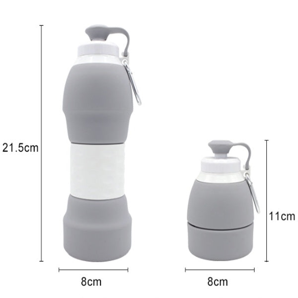 Shopi Vella gray silicone folding water bottle shown expanded and collapsed with measurements