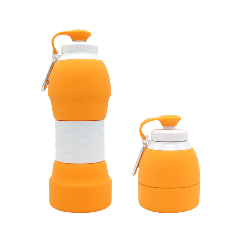 Orange silicone folding water bottle by Shopi Vella shown expanded and collapsed for portability