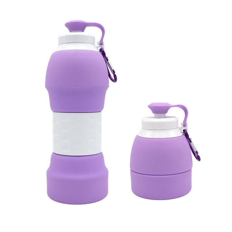 Shopi Vella purple silicone folding water bottle shown expanded and collapsed for easy portability