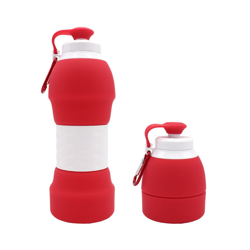 Shopi Vella red and white silicone folding water bottle shown expanded and collapsed for portable hydration