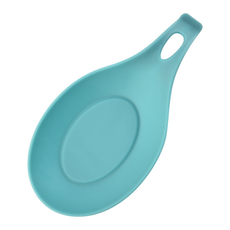 Blue silicone spoon rest for kitchen with handle and oval shape for convenient cooking