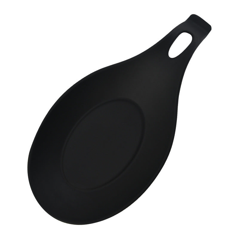 Black silicone spoon rest for kitchen with handle and hole for hanging