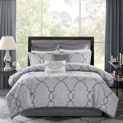 Silver comforter set king size with geometric pattern and matching pillows by Shopi Vella