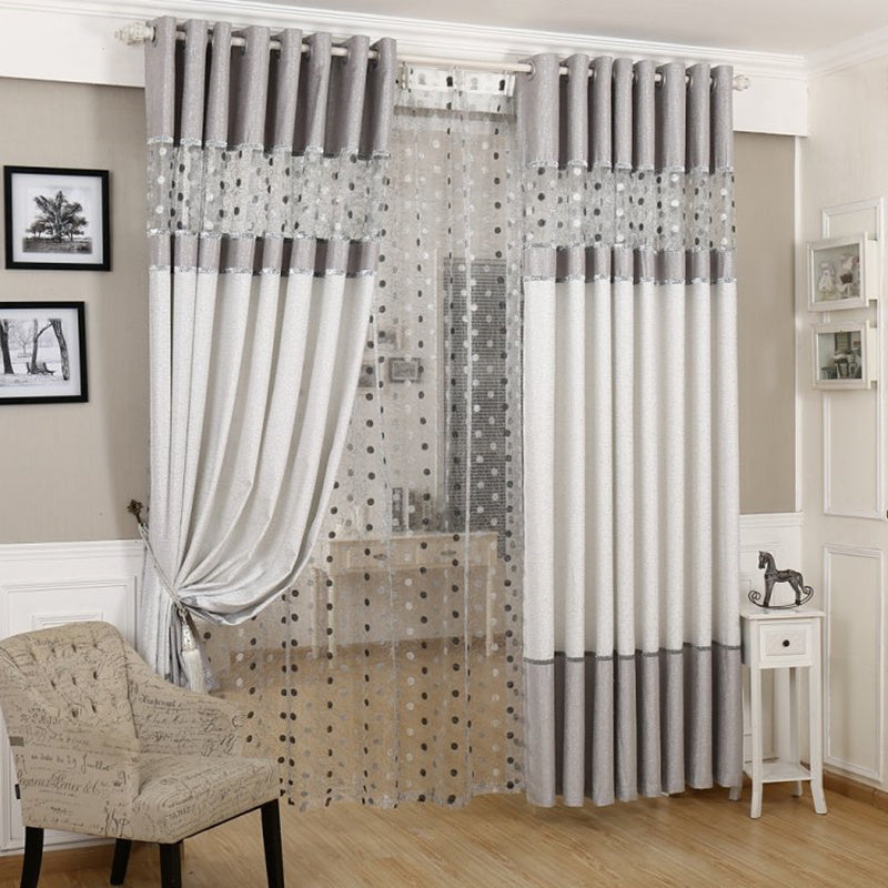 Shopi Vella comforter with simple blackout curtains in beige and gray tones for modern living room