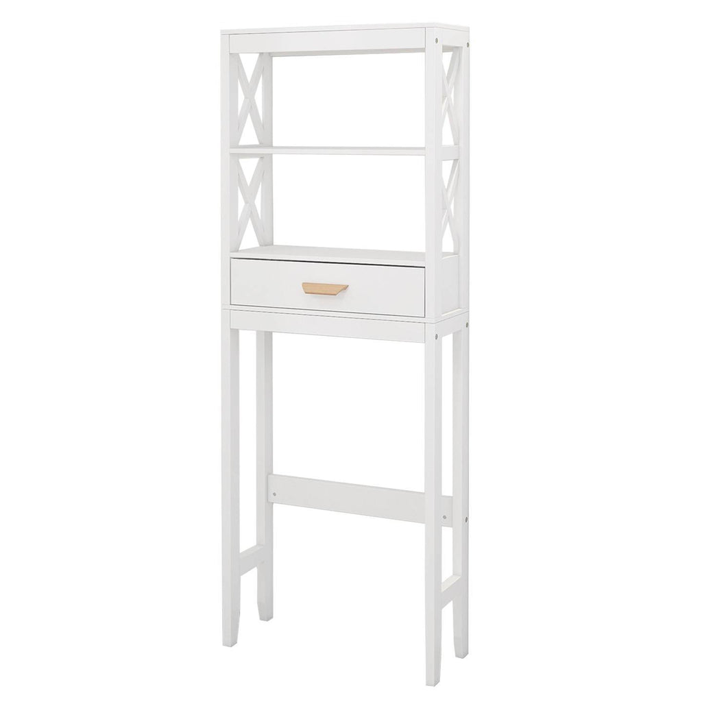 Shopi Vella white wooden over the toilet storage cabinet with drawer and open shelves