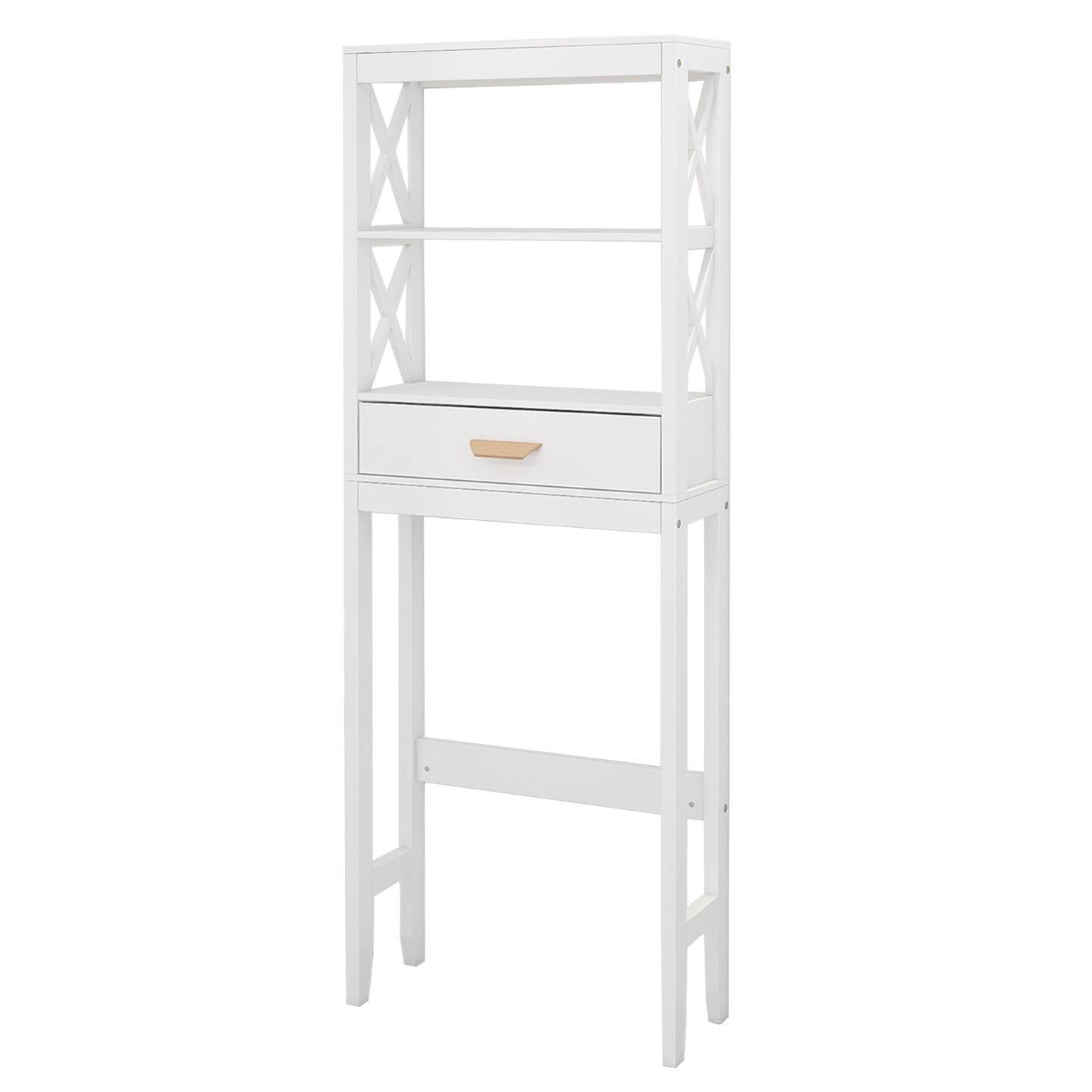 White wooden over the toilet storage cabinet with open shelves and drawer by Shopi Vella