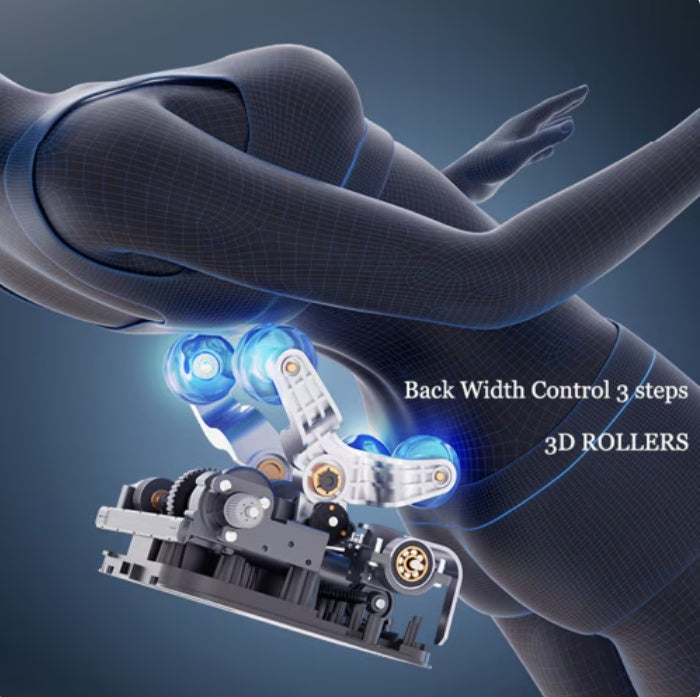 SL-track massage chair with voice control 3D rollers and adjustable back width mechanism