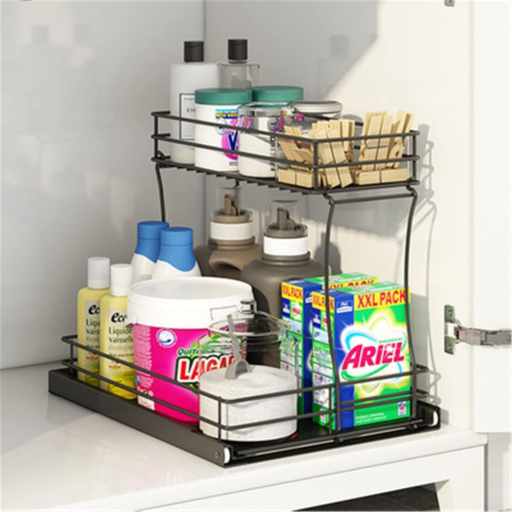 Shopi Vella sliding drawer storage rack for kitchen under cabinet with two-tier metal wire shelves holding cleaning supplies and detergent