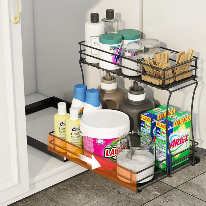 Shopi Vella sliding drawer storage rack for kitchen holding cleaning supplies and toiletries in cabinet